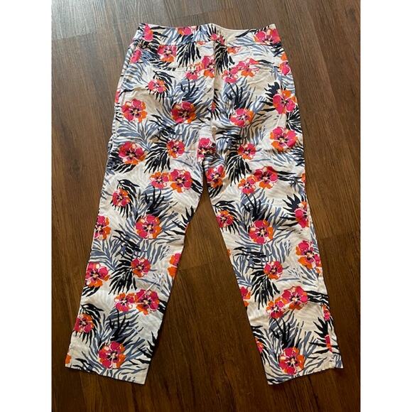 Talbots Size 4 Women's Cotton Chino Ankle Pants Blue and Pink Hawaiian Floral - Picture 2 of 6